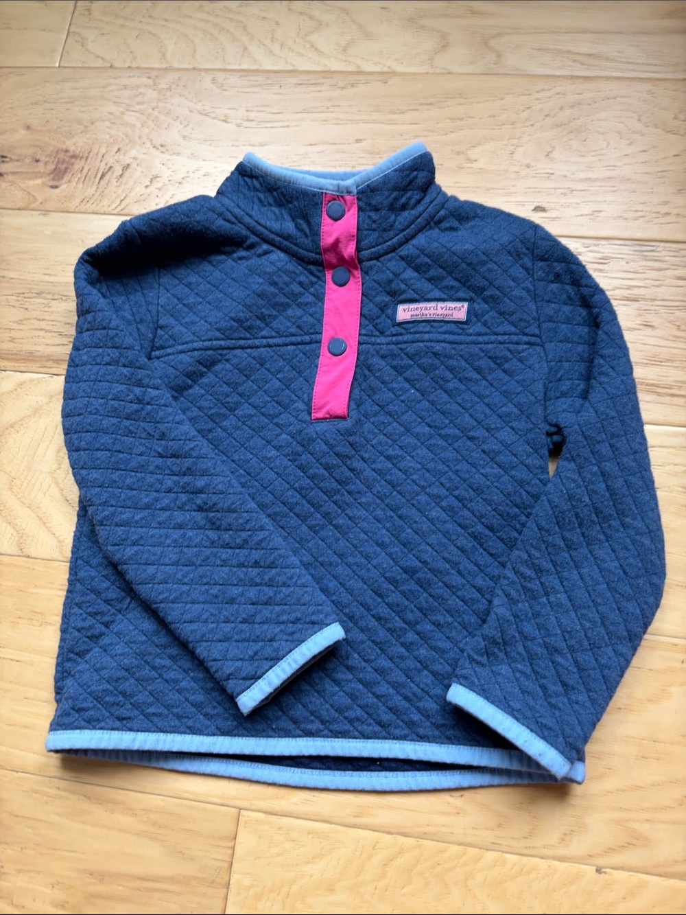 Vineyard Vines Navy Quilted Pullover with Pink Snap Placket and Light Blue Trim